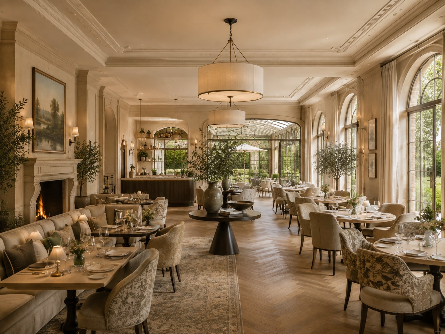 Elegant all-day restaurant with garden views