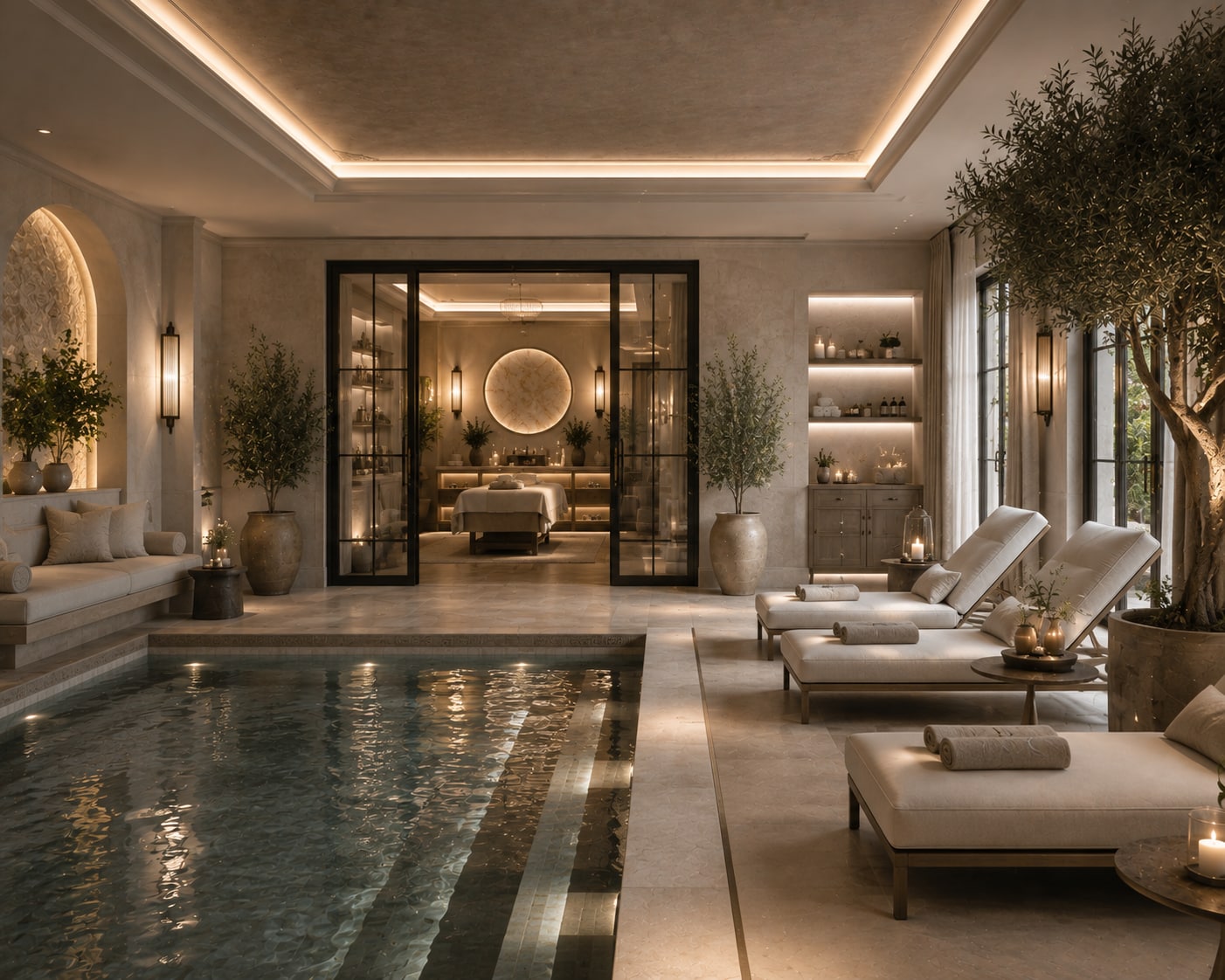 Calm spa pool with planting and soft reflected light
