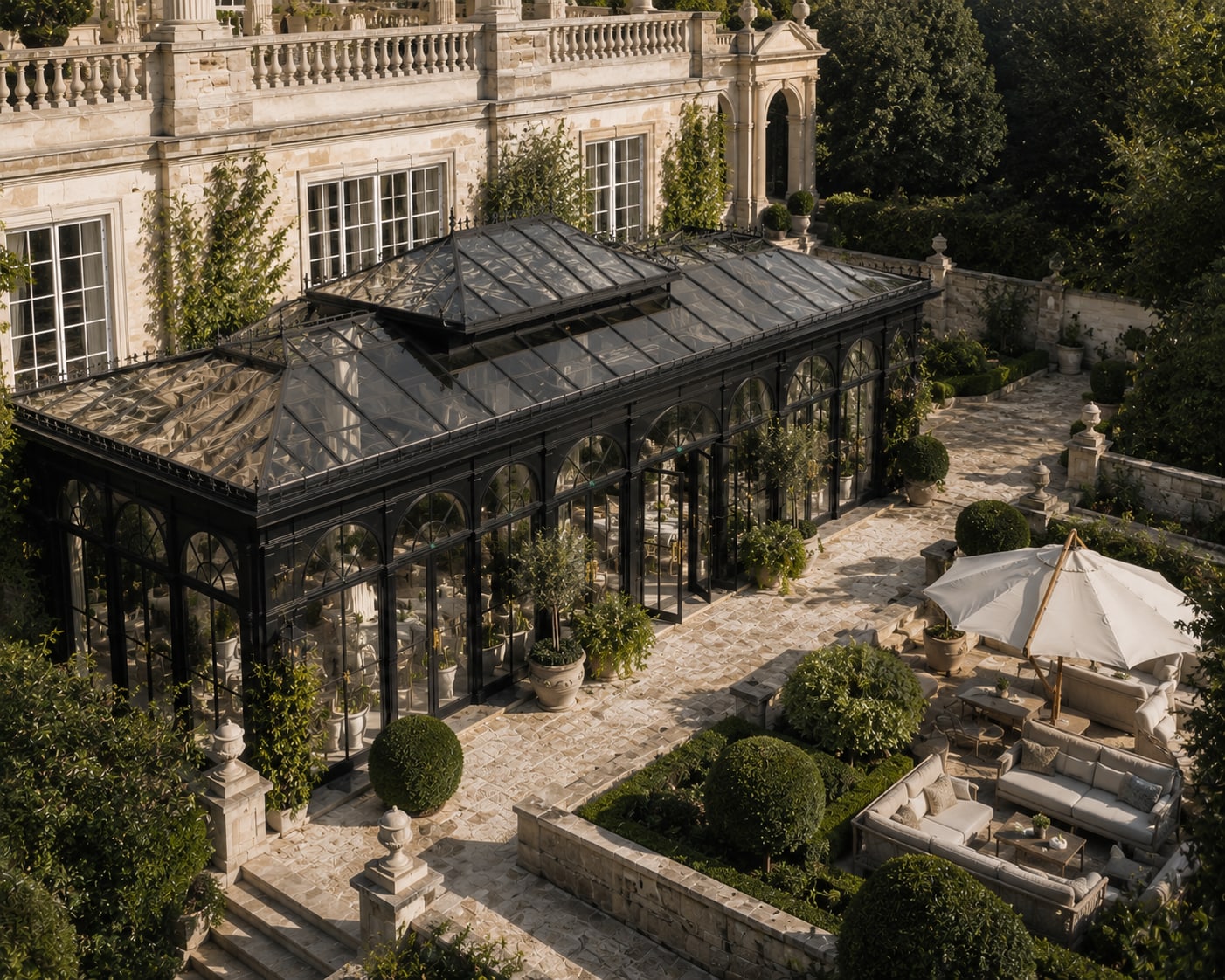 Orangery and gardens viewed from above