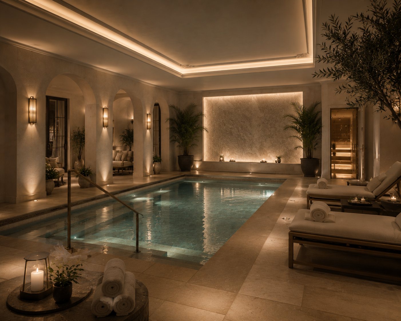 Warmly lit hotel spa and pool