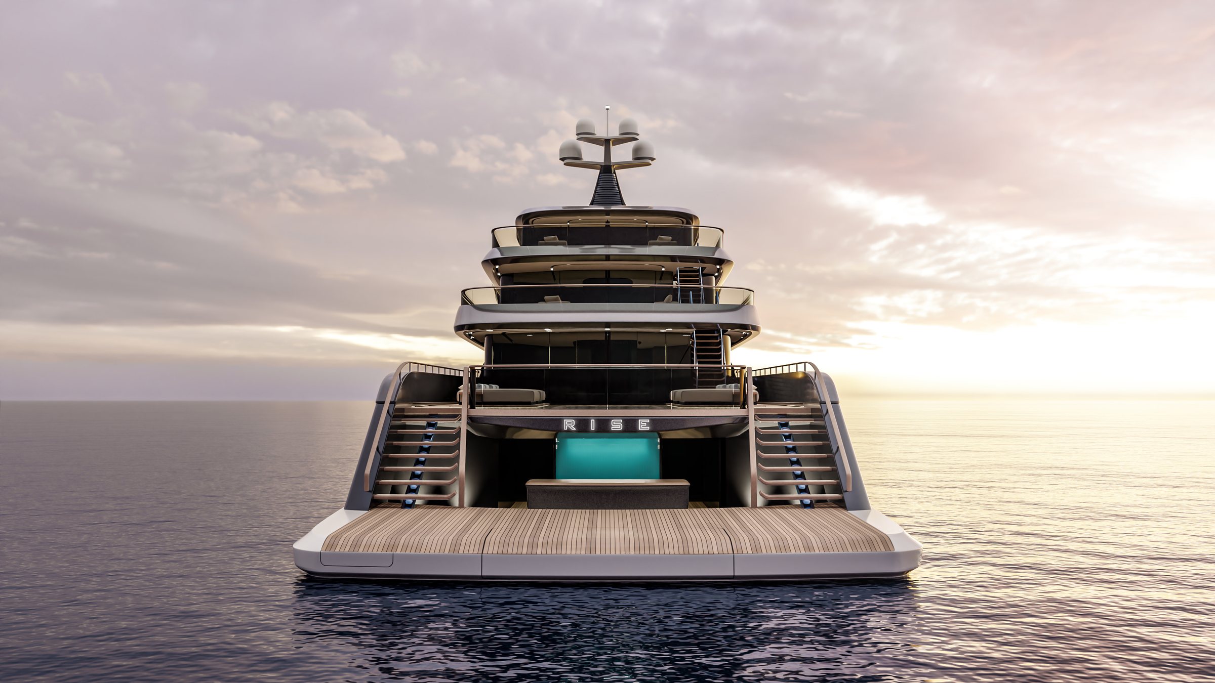 The stern of superyacht RISE at sunset