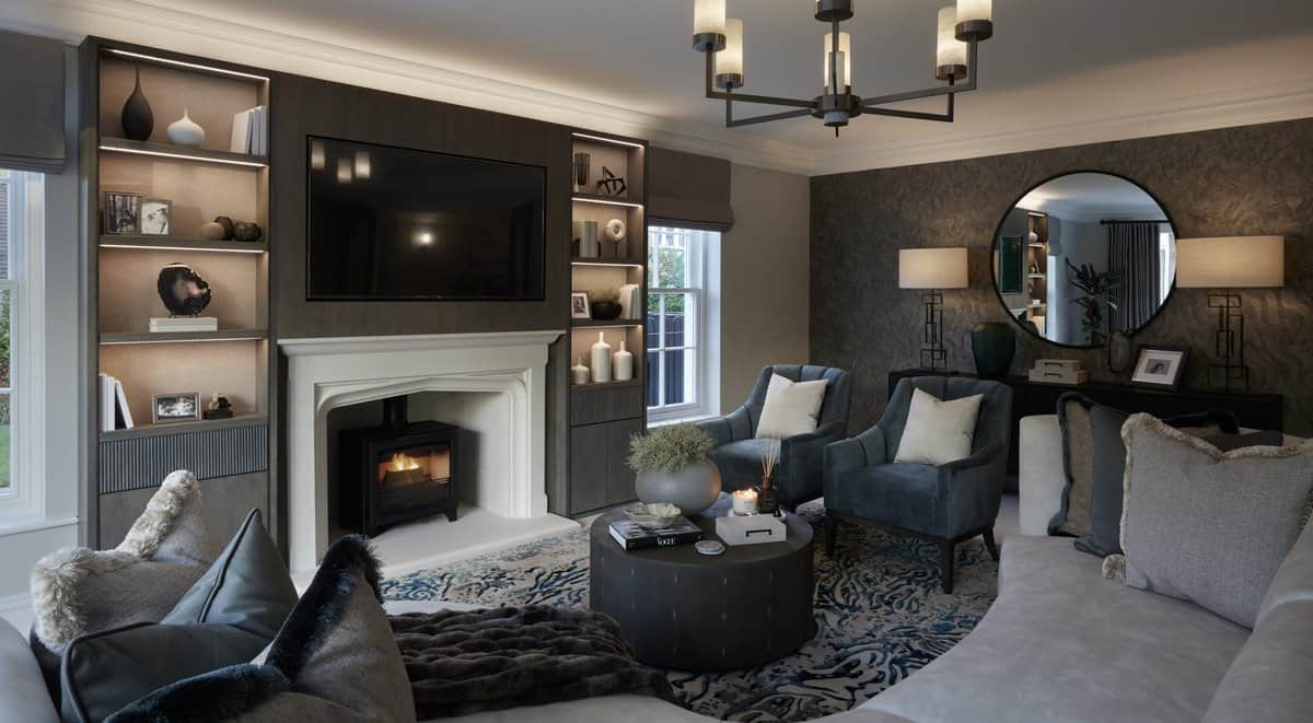 Intimate dark-toned family room with fireplace