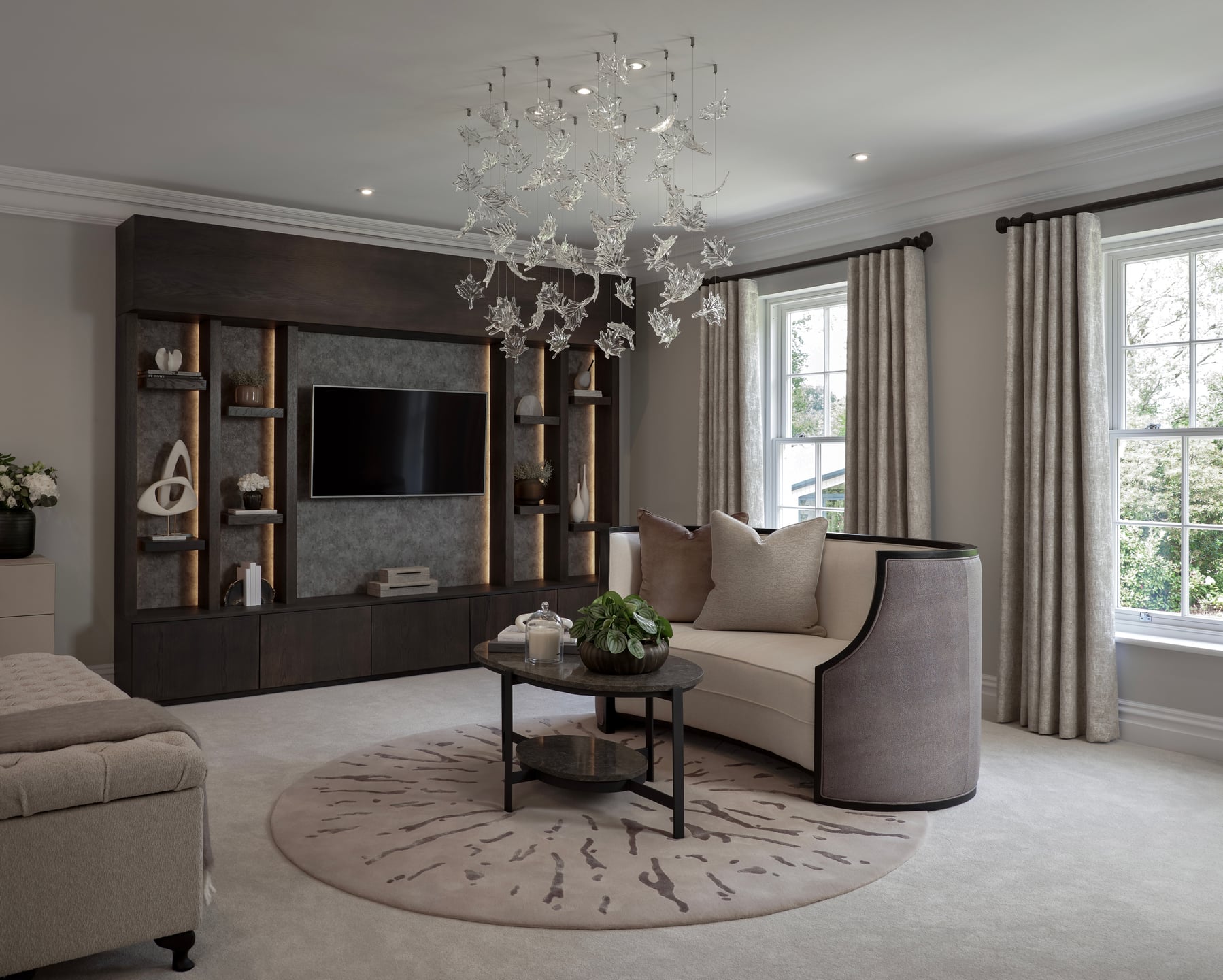 Tailored sitting room with softly layered furnishings