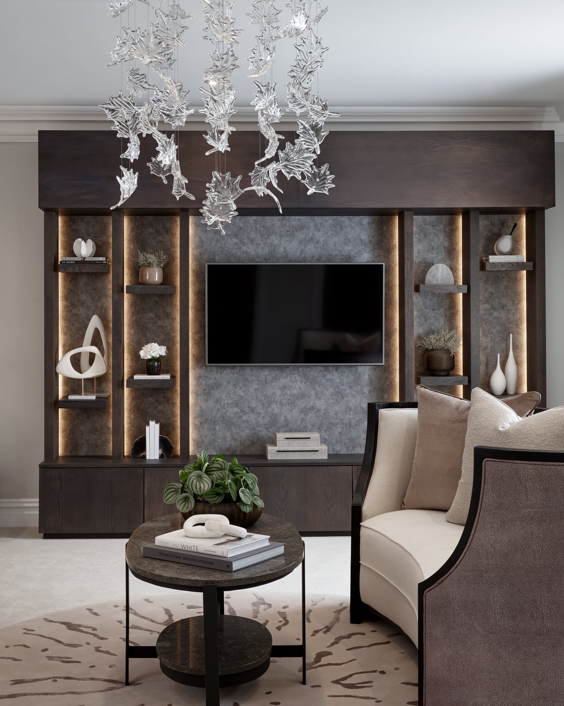Close view of a sculptural glass installation and tailored joinery
