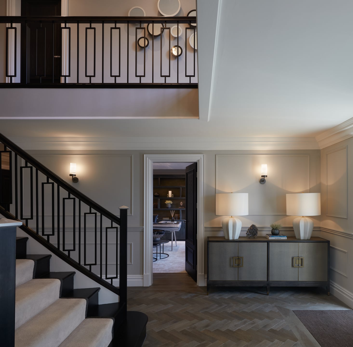 Tailored stair hall showing considered interior architecture