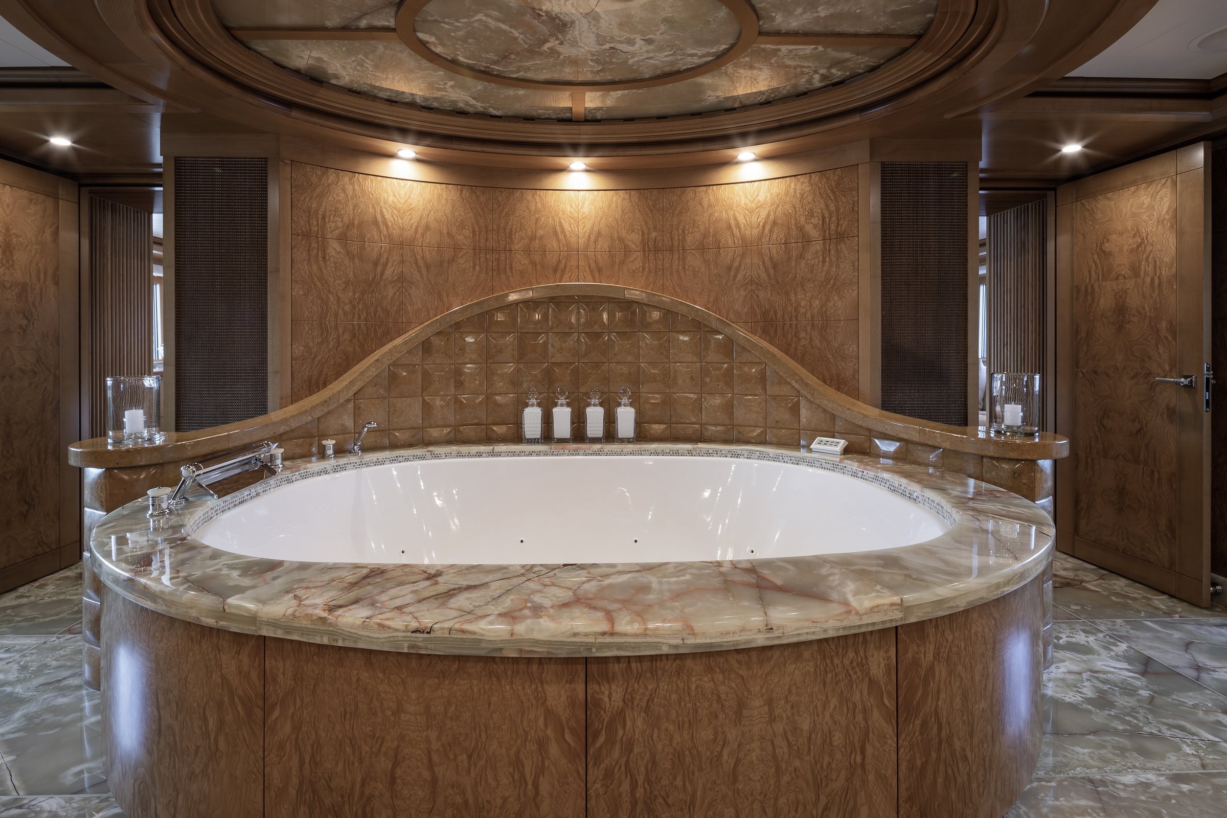 Marble and walnut superyacht principal bathroom