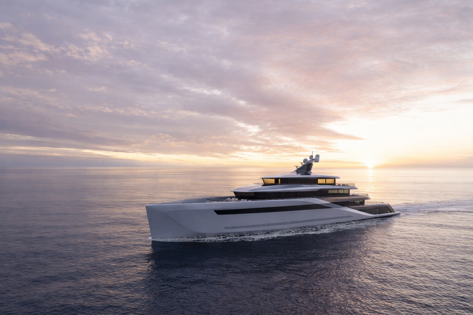 Superyacht RISE cruising at sunset